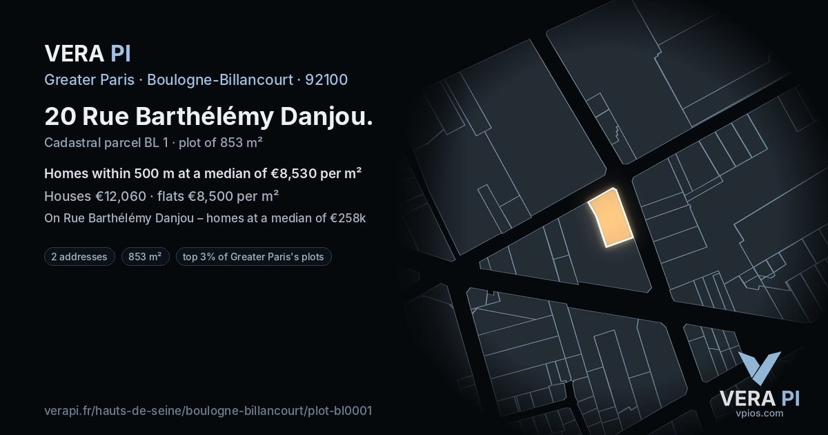 20 Rue Barthélémy Danjou, Boulogne-Billancourt at night – the plot lit, the parcels around coloured by the prices near them