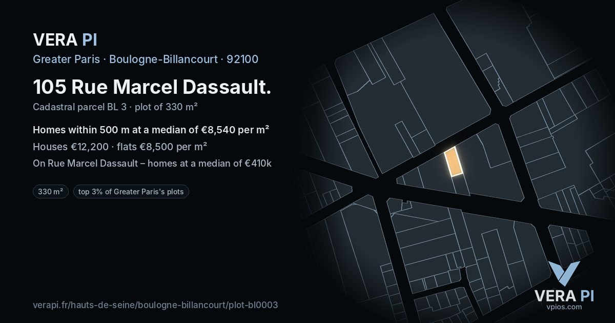 105 Rue Marcel Dassault, Boulogne-Billancourt at night – the plot lit, the parcels around coloured by the prices near them