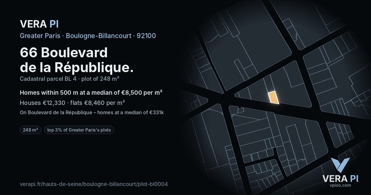 66 Boulevard de la République, Boulogne-Billancourt at night – the plot lit, the parcels around coloured by the prices near them