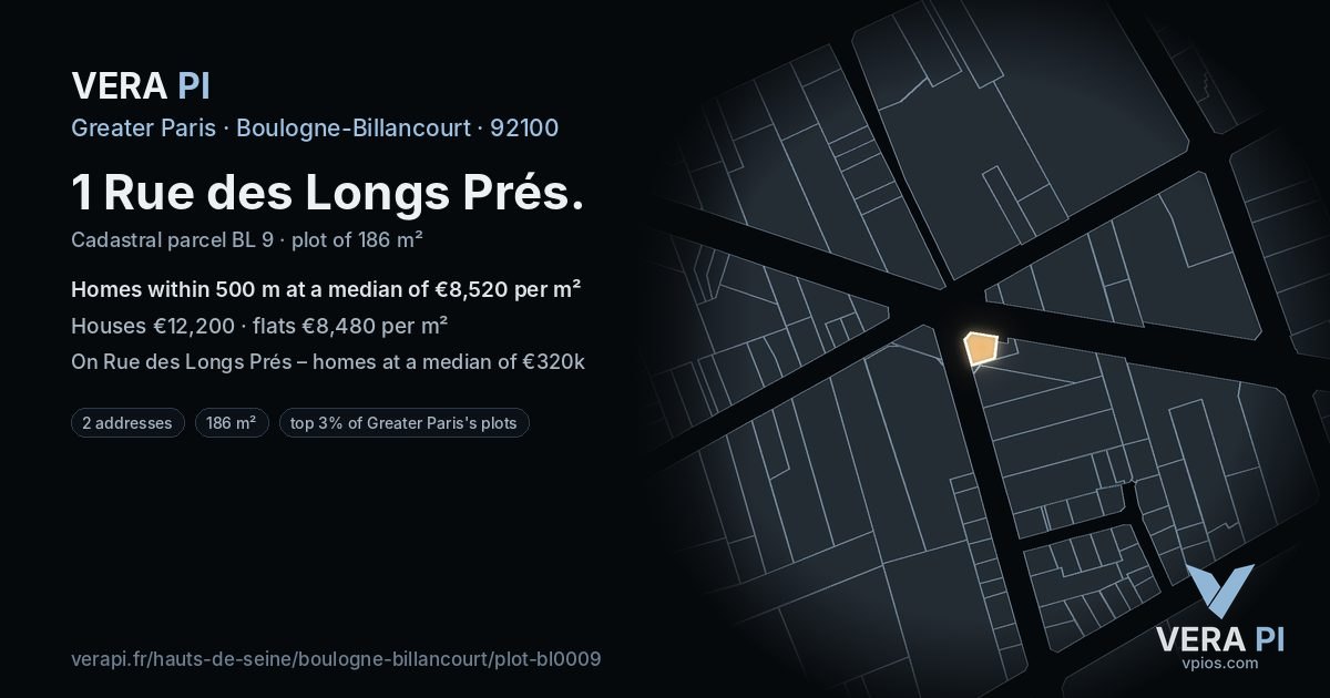 1 Rue des Longs Prés, Boulogne-Billancourt at night – the plot lit, the parcels around coloured by the prices near them