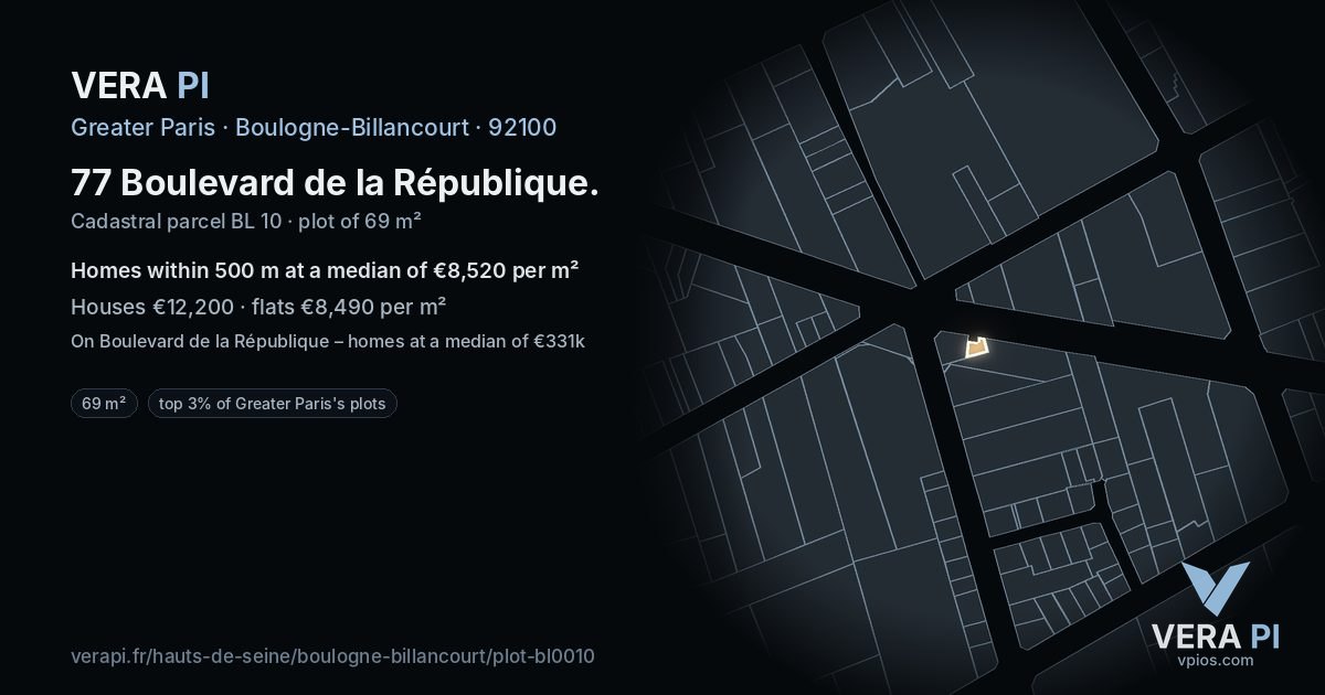 77 Boulevard de la République, Boulogne-Billancourt at night – the plot lit, the parcels around coloured by the prices near them