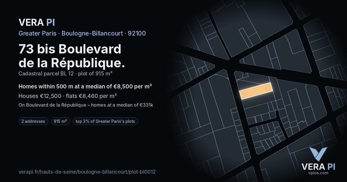 73 bis Boulevard de la République, Boulogne-Billancourt at night – the plot lit, the parcels around coloured by the prices near them