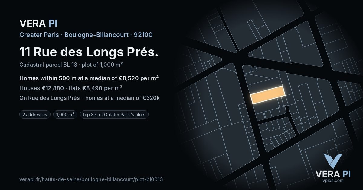 11 Rue des Longs Prés, Boulogne-Billancourt at night – the plot lit, the parcels around coloured by the prices near them