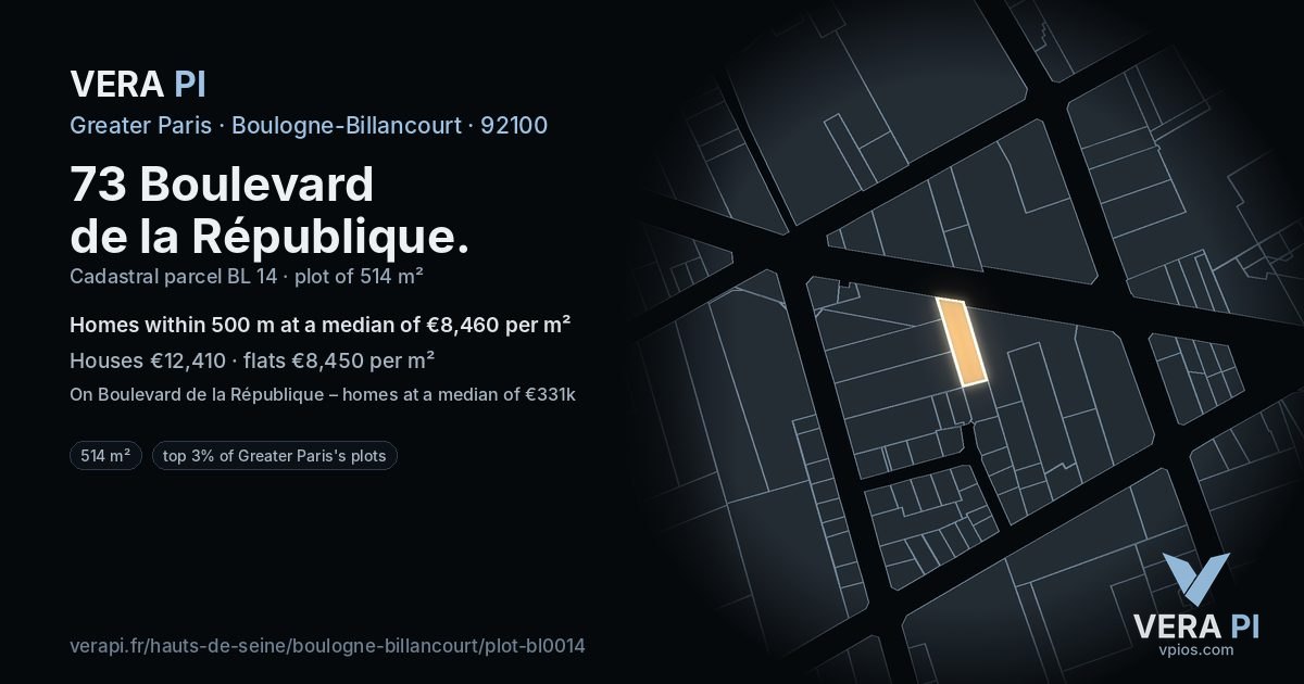 73 Boulevard de la République, Boulogne-Billancourt at night – the plot lit, the parcels around coloured by the prices near them