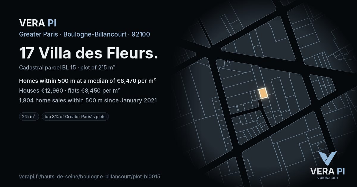 17 Villa des Fleurs, Boulogne-Billancourt at night – the plot lit, the parcels around coloured by the prices near them