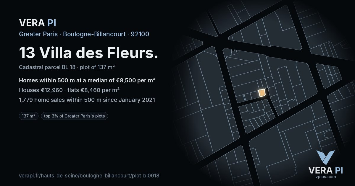13 Villa des Fleurs, Boulogne-Billancourt at night – the plot lit, the parcels around coloured by the prices near them