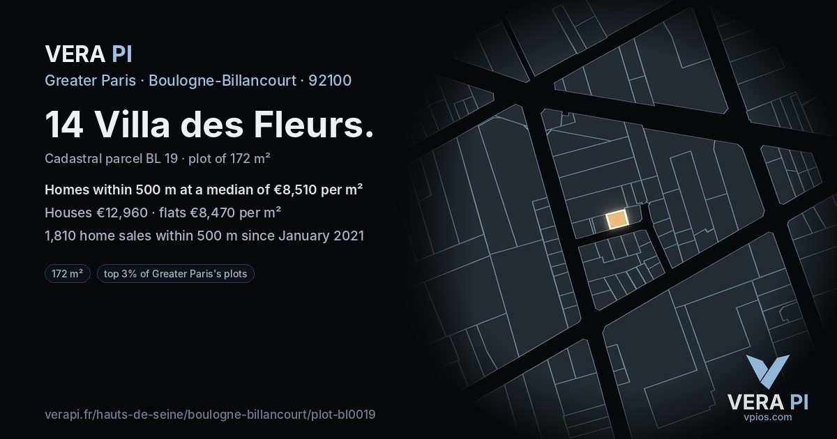 14 Villa des Fleurs, Boulogne-Billancourt at night – the plot lit, the parcels around coloured by the prices near them