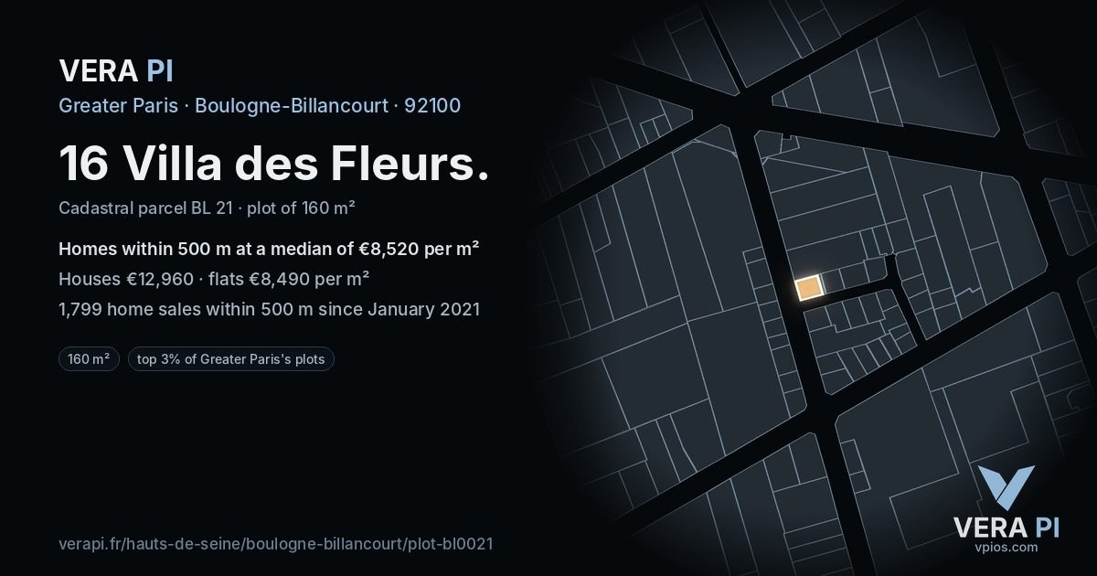 16 Villa des Fleurs, Boulogne-Billancourt at night – the plot lit, the parcels around coloured by the prices near them