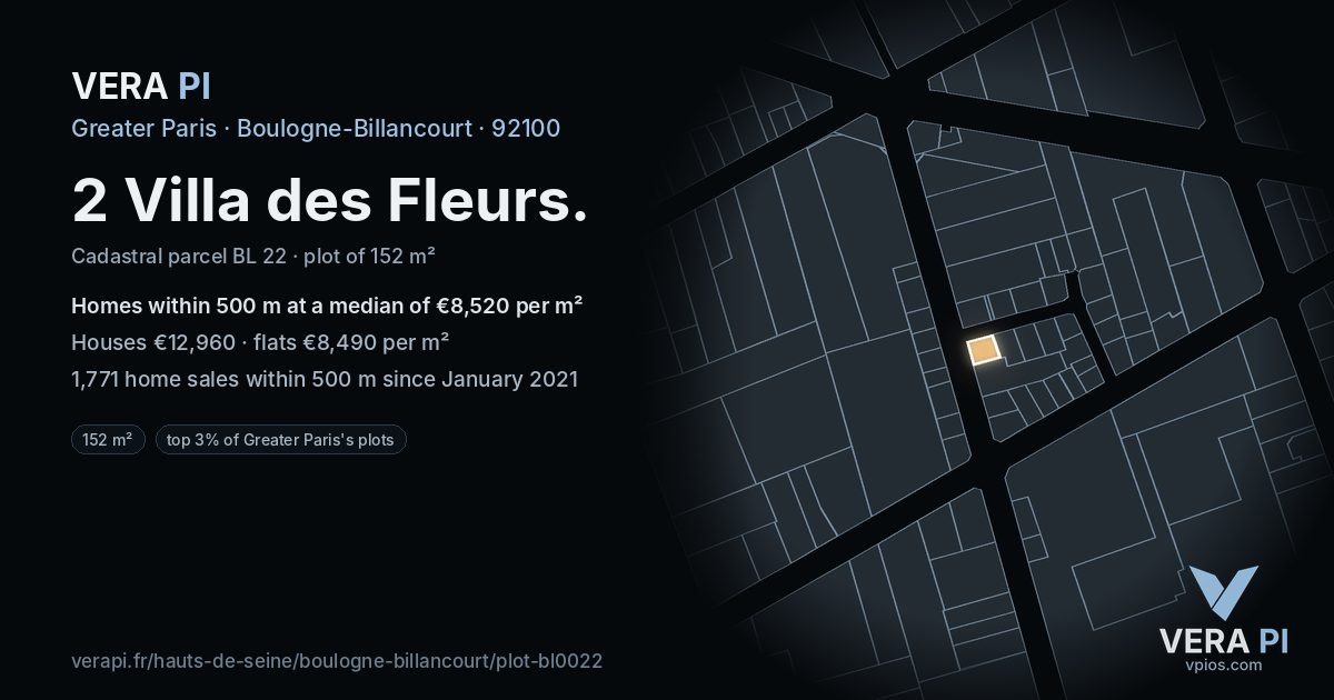 2 Villa des Fleurs, Boulogne-Billancourt at night – the plot lit, the parcels around coloured by the prices near them