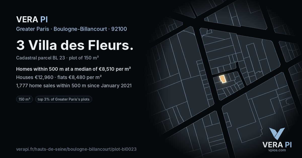 3 Villa des Fleurs, Boulogne-Billancourt at night – the plot lit, the parcels around coloured by the prices near them