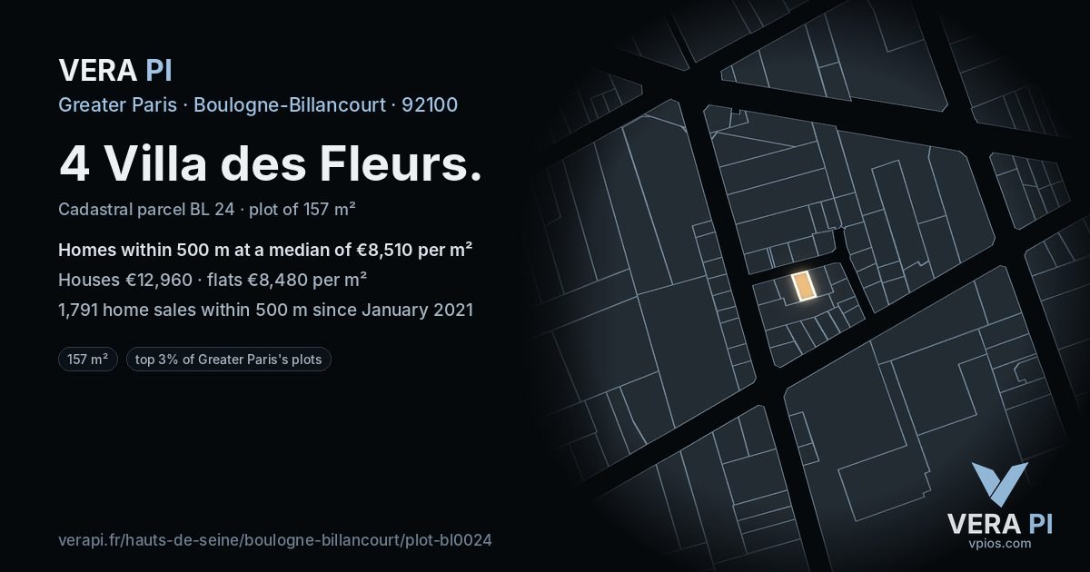 4 Villa des Fleurs, Boulogne-Billancourt at night – the plot lit, the parcels around coloured by the prices near them