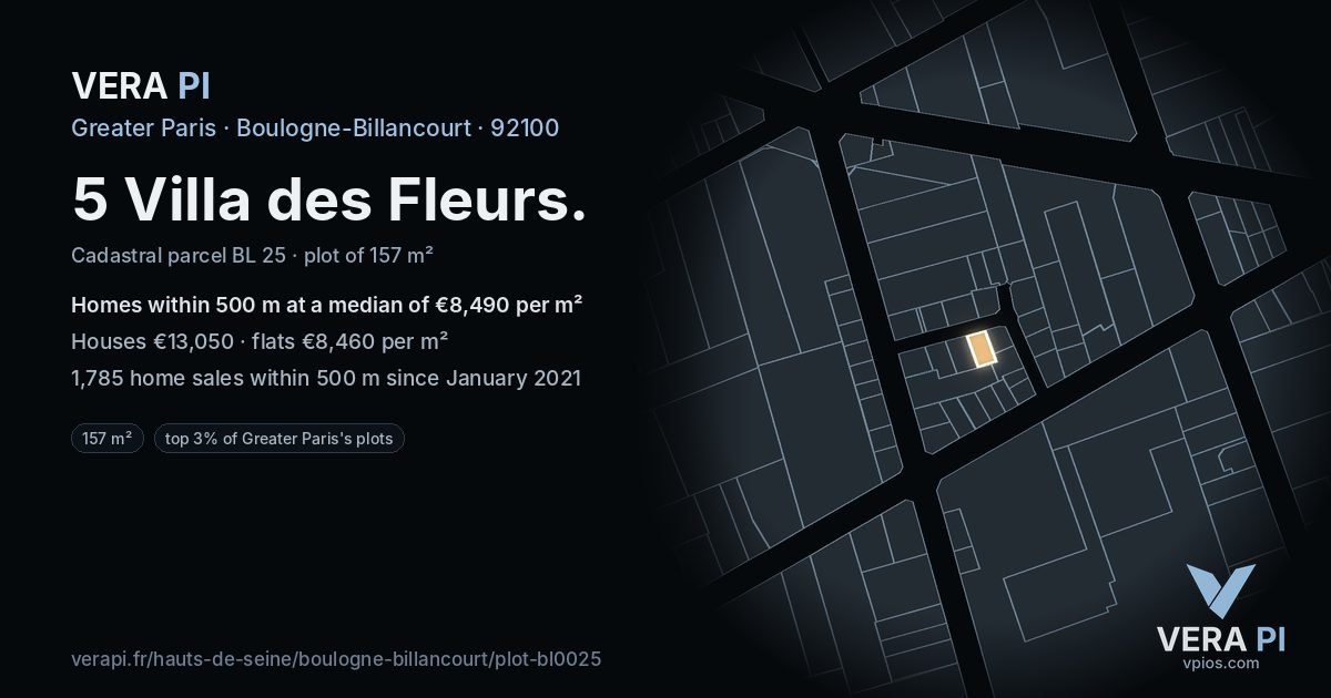 5 Villa des Fleurs, Boulogne-Billancourt at night – the plot lit, the parcels around coloured by the prices near them