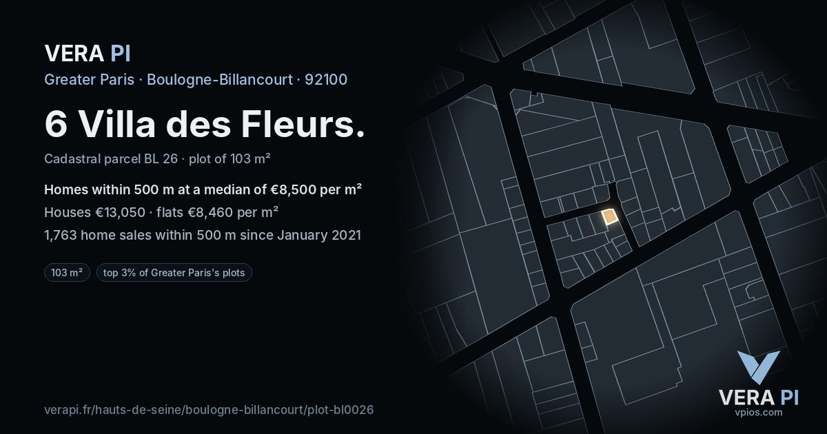 6 Villa des Fleurs, Boulogne-Billancourt at night – the plot lit, the parcels around coloured by the prices near them