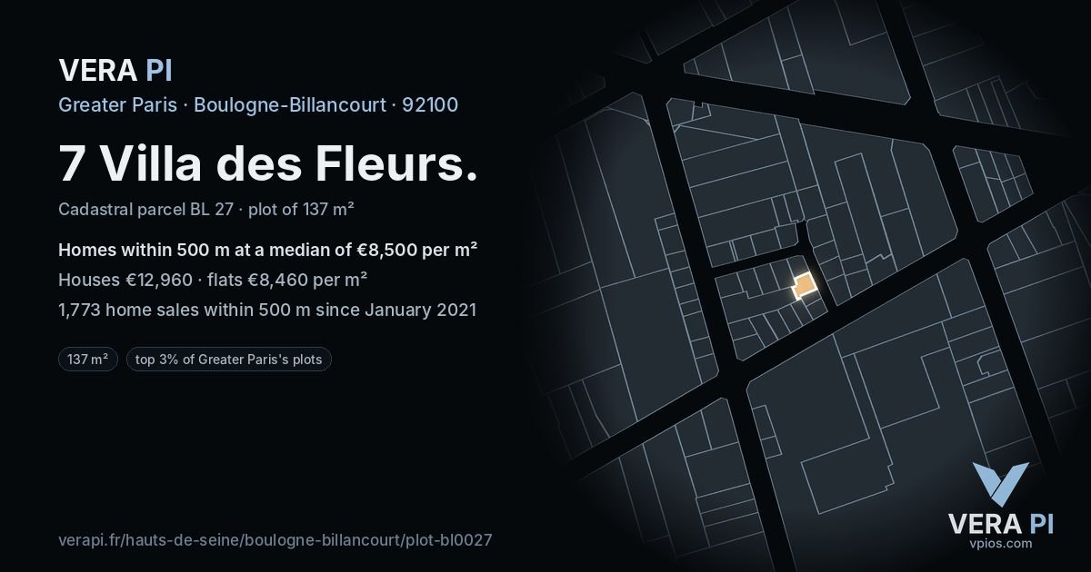 7 Villa des Fleurs, Boulogne-Billancourt at night – the plot lit, the parcels around coloured by the prices near them