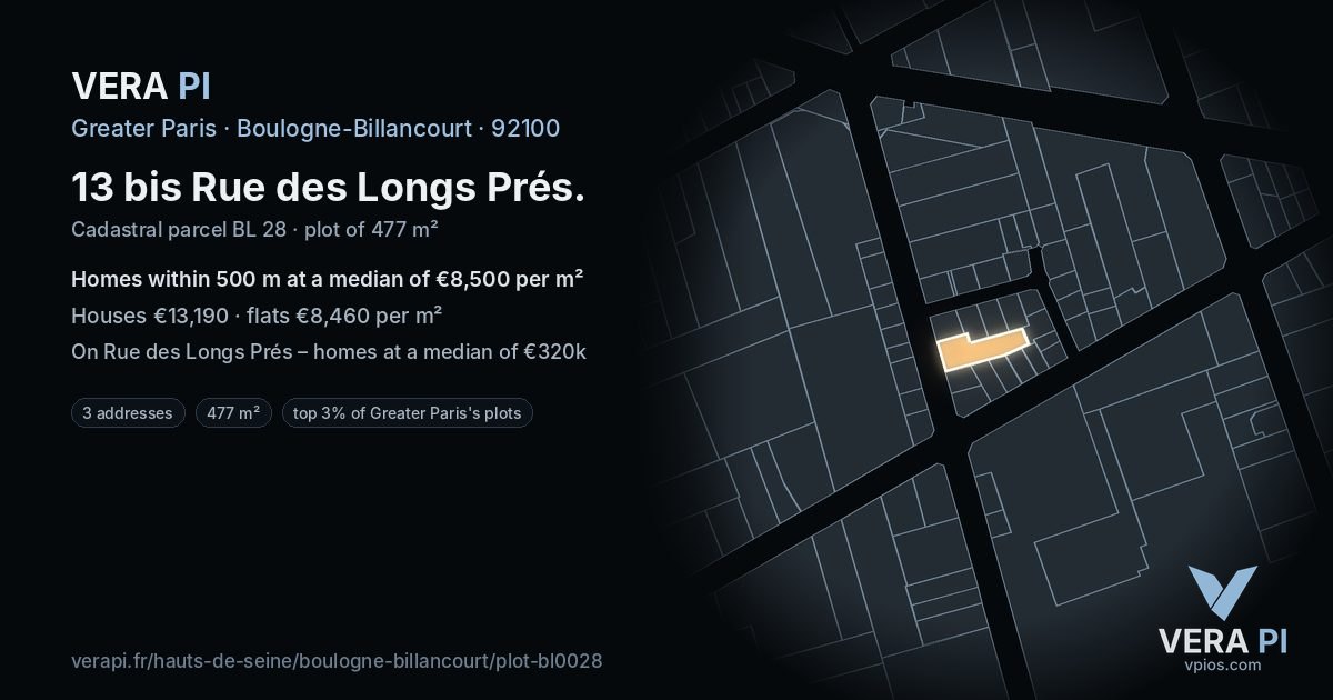 13 bis Rue des Longs Prés, Boulogne-Billancourt at night – the plot lit, the parcels around coloured by the prices near them