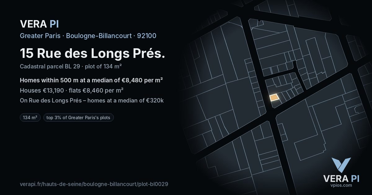 15 Rue des Longs Prés, Boulogne-Billancourt at night – the plot lit, the parcels around coloured by the prices near them