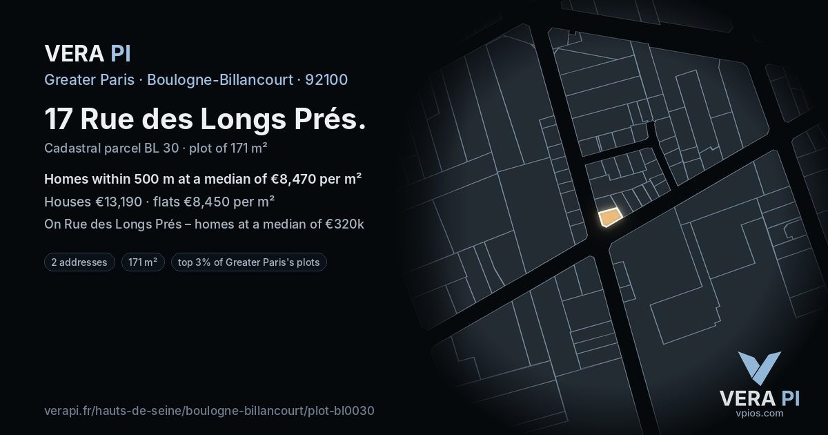 17 Rue des Longs Prés, Boulogne-Billancourt at night – the plot lit, the parcels around coloured by the prices near them