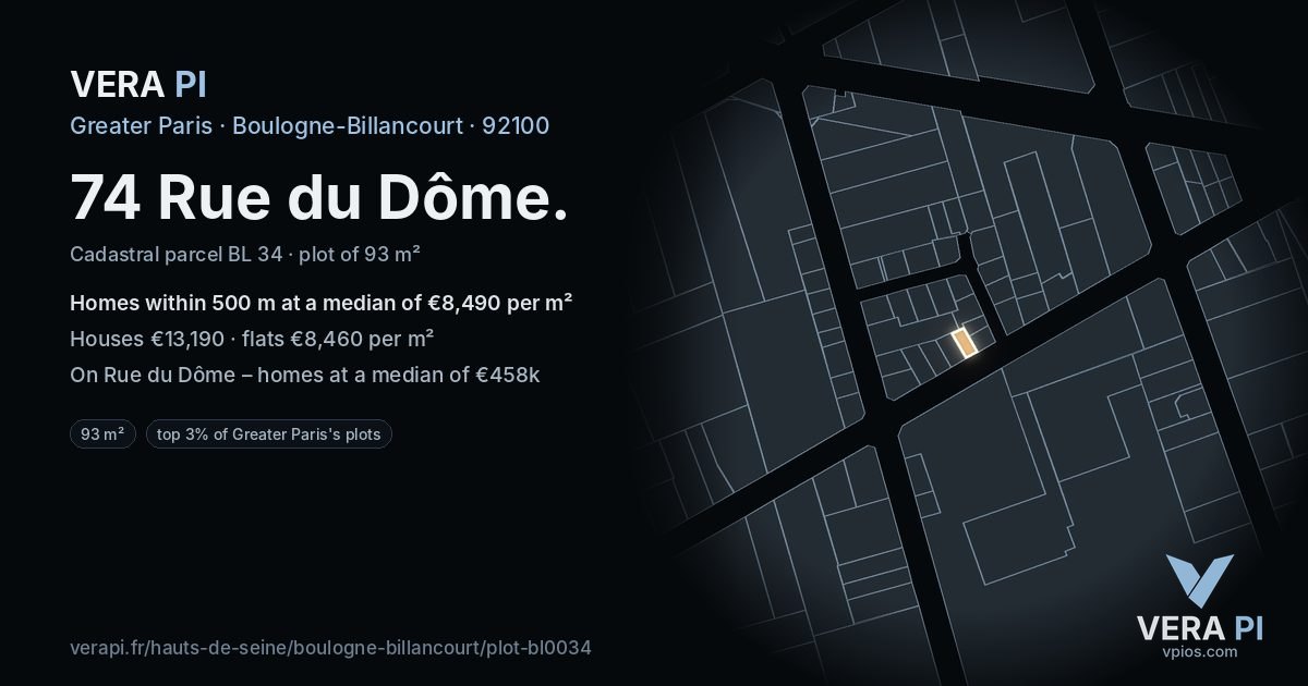 74 Rue du Dôme, Boulogne-Billancourt at night – the plot lit, the parcels around coloured by the prices near them
