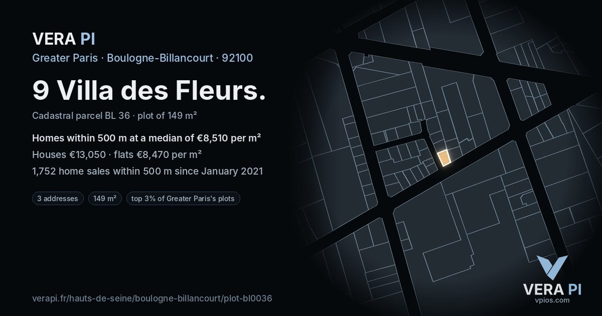9 Villa des Fleurs, Boulogne-Billancourt at night – the plot lit, the parcels around coloured by the prices near them
