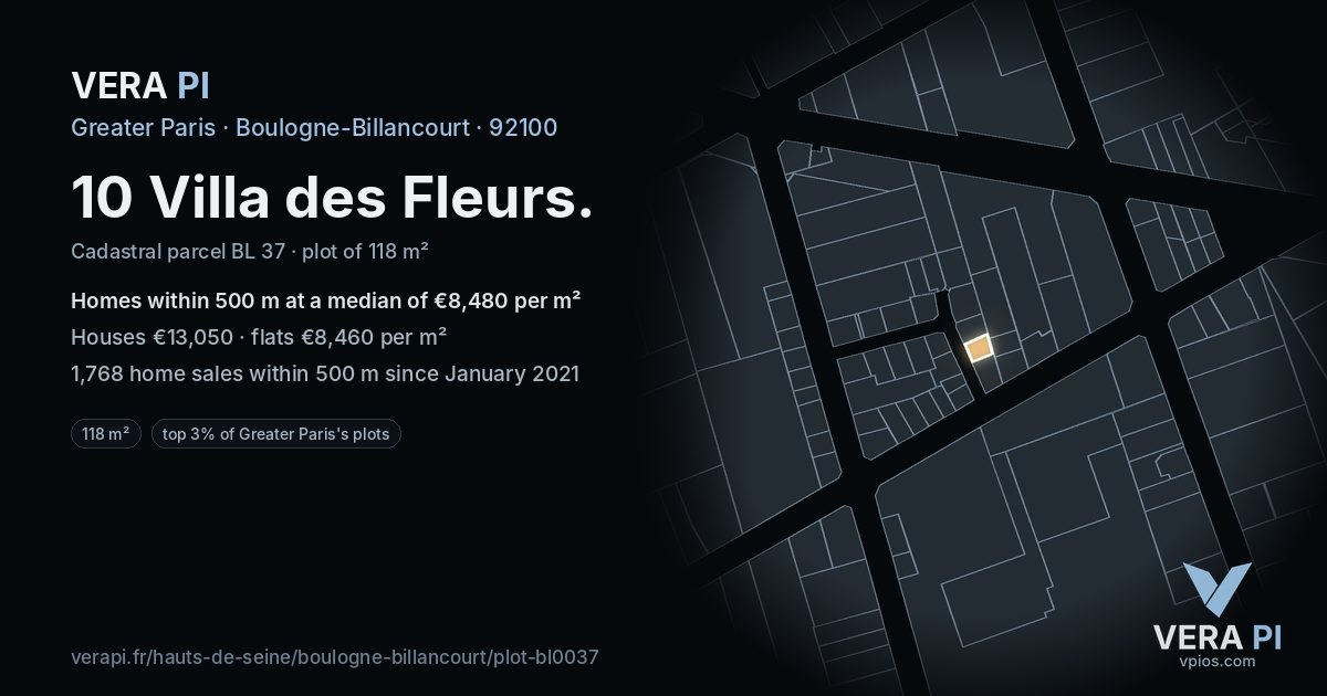 10 Villa des Fleurs, Boulogne-Billancourt at night – the plot lit, the parcels around coloured by the prices near them