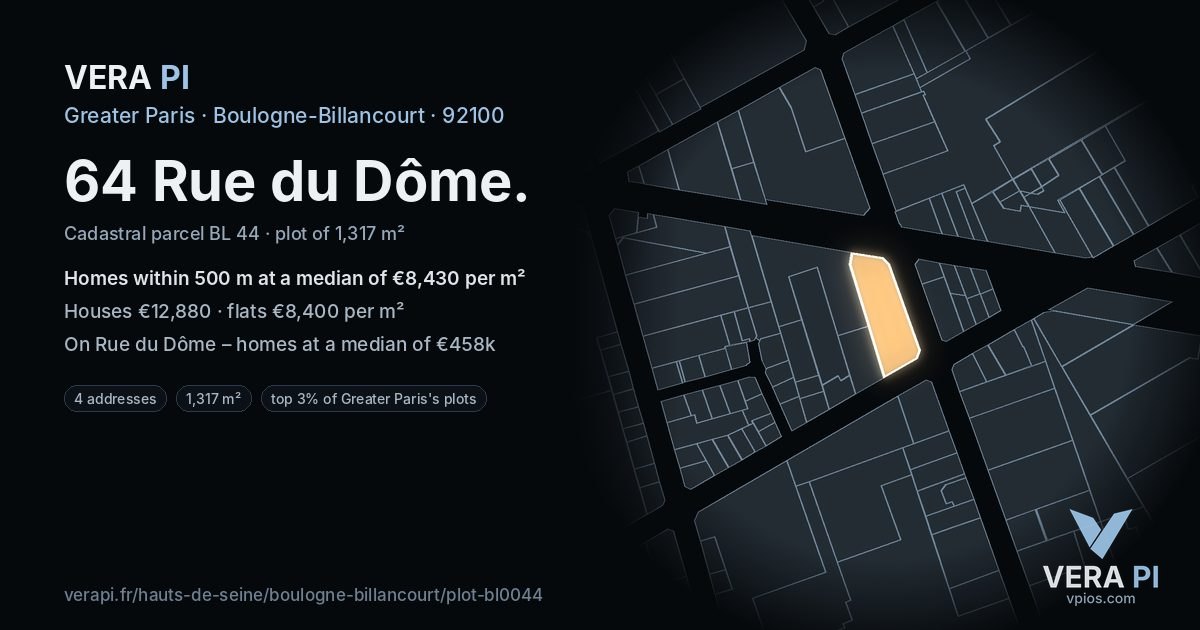 64 Rue du Dôme, Boulogne-Billancourt at night – the plot lit, the parcels around coloured by the prices near them
