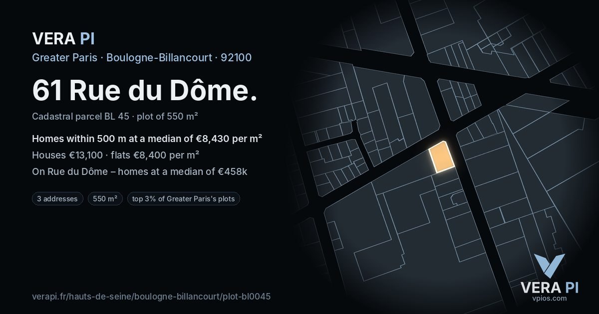 61 Rue du Dôme, Boulogne-Billancourt at night – the plot lit, the parcels around coloured by the prices near them