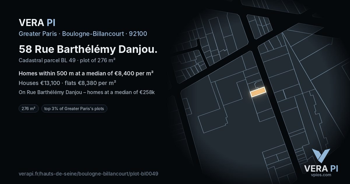 58 Rue Barthélémy Danjou, Boulogne-Billancourt at night – the plot lit, the parcels around coloured by the prices near them