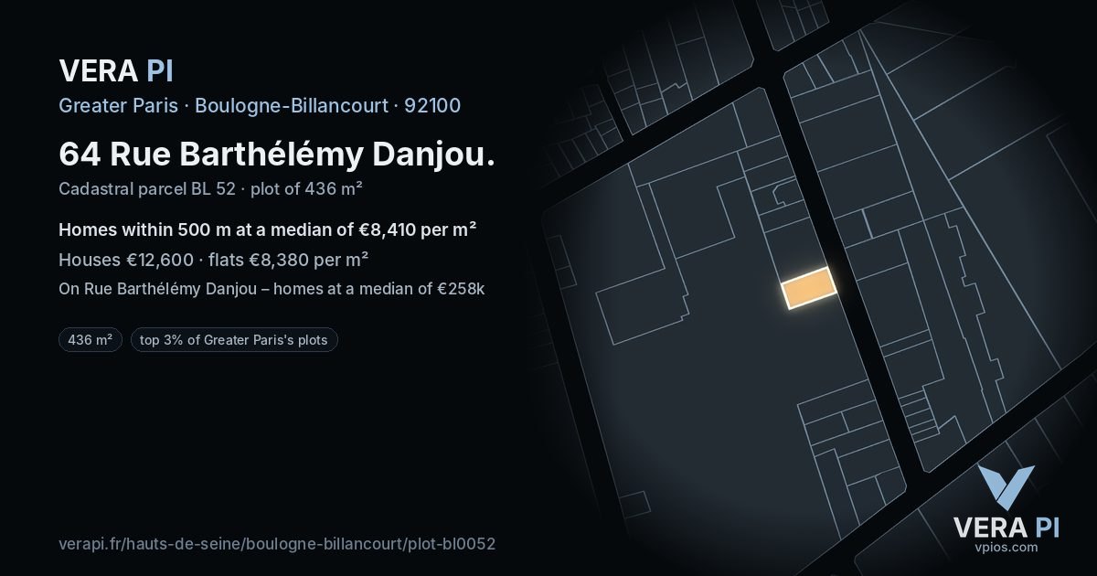 64 Rue Barthélémy Danjou, Boulogne-Billancourt at night – the plot lit, the parcels around coloured by the prices near them