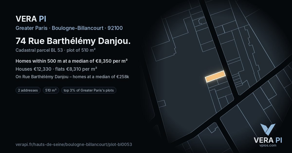 74 Rue Barthélémy Danjou, Boulogne-Billancourt at night – the plot lit, the parcels around coloured by the prices near them