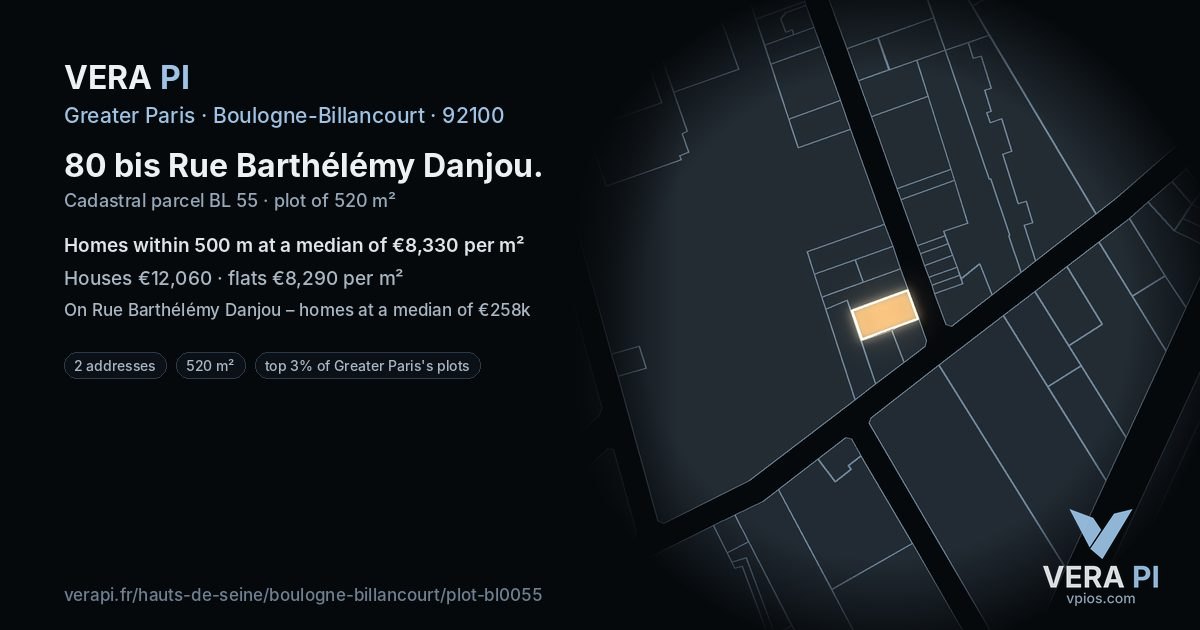 80 bis Rue Barthélémy Danjou, Boulogne-Billancourt at night – the plot lit, the parcels around coloured by the prices near them