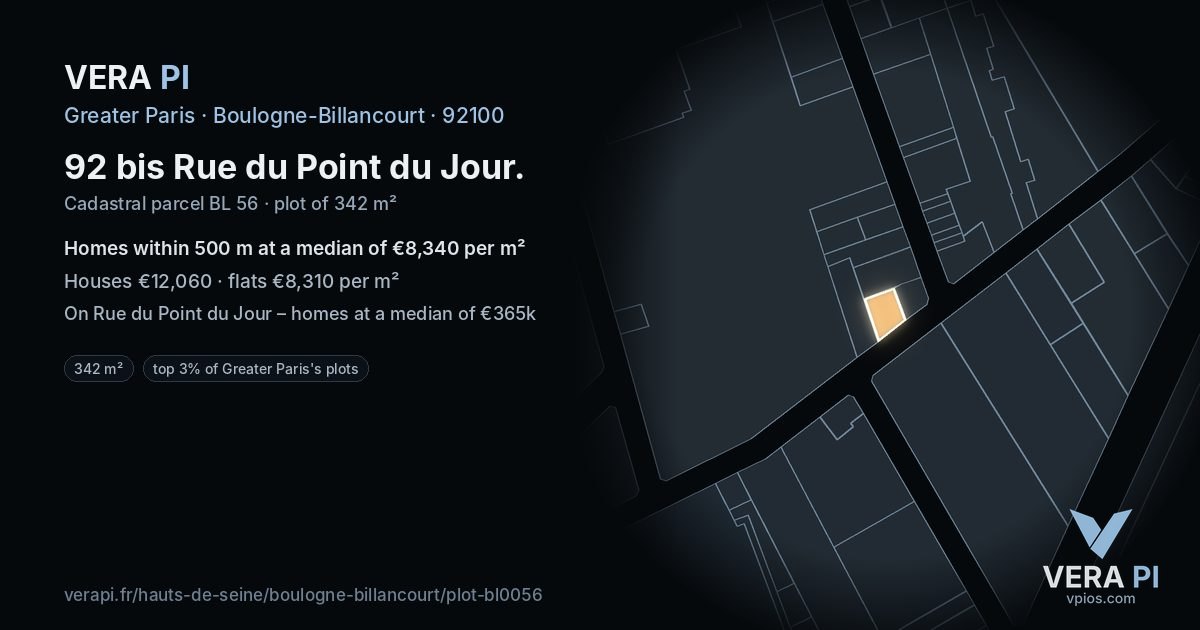 92 bis Rue du Point du Jour, Boulogne-Billancourt at night – the plot lit, the parcels around coloured by the prices near them