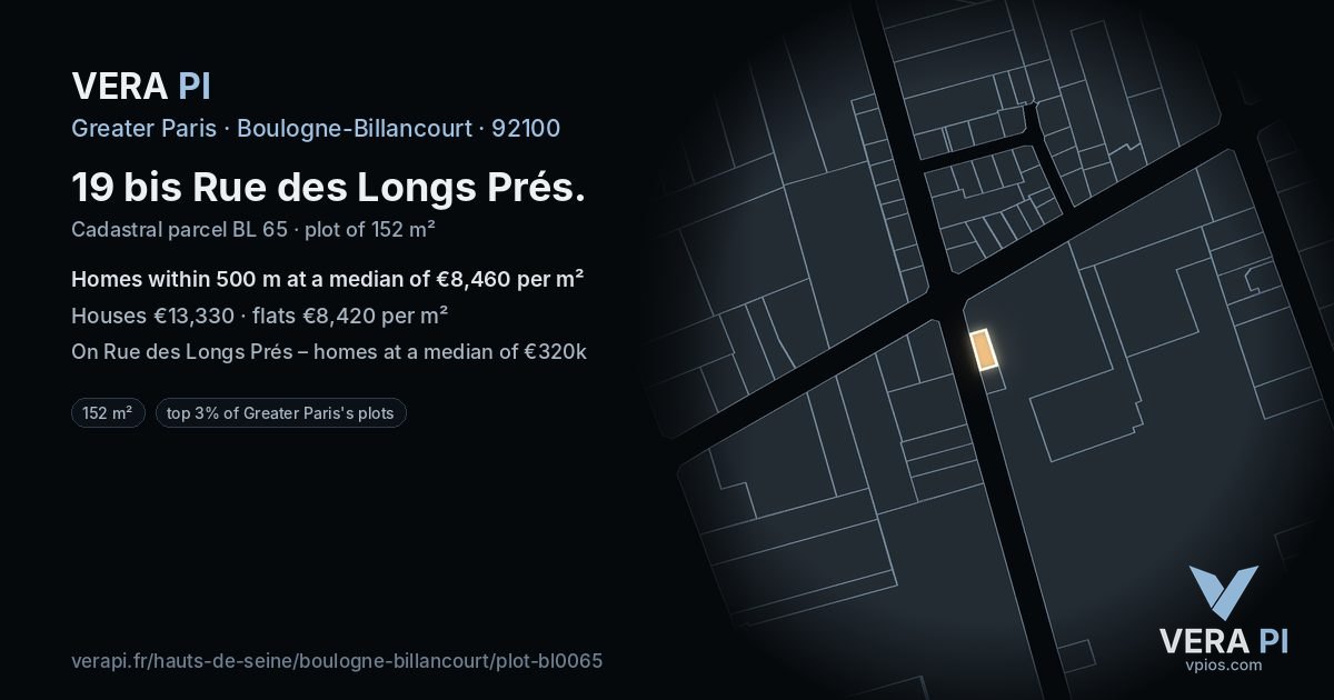19 bis Rue des Longs Prés, Boulogne-Billancourt at night – the plot lit, the parcels around coloured by the prices near them
