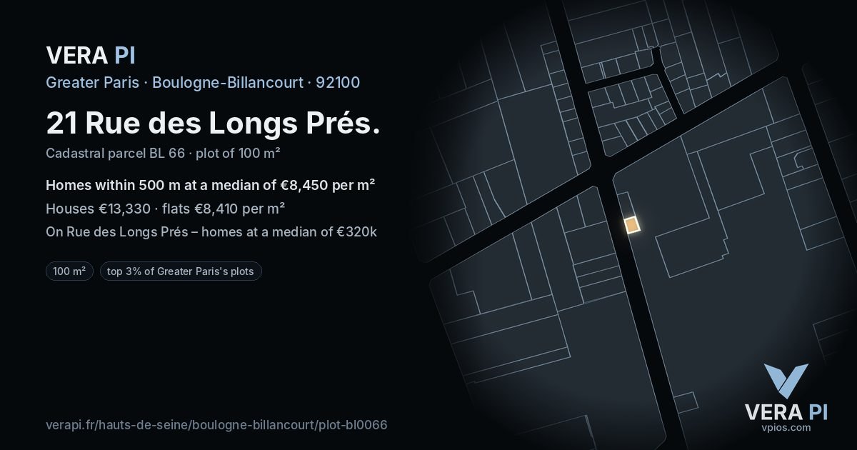 21 Rue des Longs Prés, Boulogne-Billancourt at night – the plot lit, the parcels around coloured by the prices near them