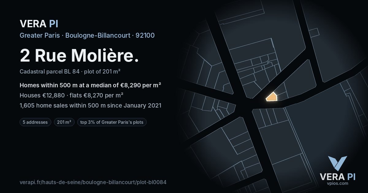 2 Rue Molière, Boulogne-Billancourt at night – the plot lit, the parcels around coloured by the prices near them