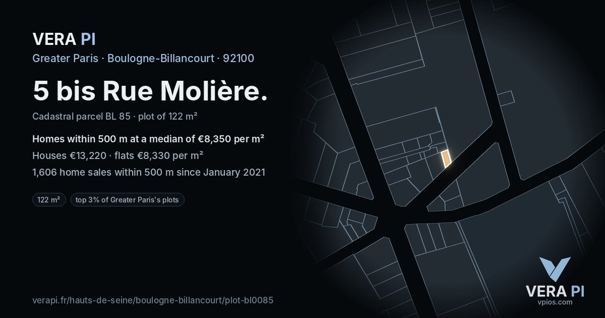 5 bis Rue Molière, Boulogne-Billancourt at night – the plot lit, the parcels around coloured by the prices near them