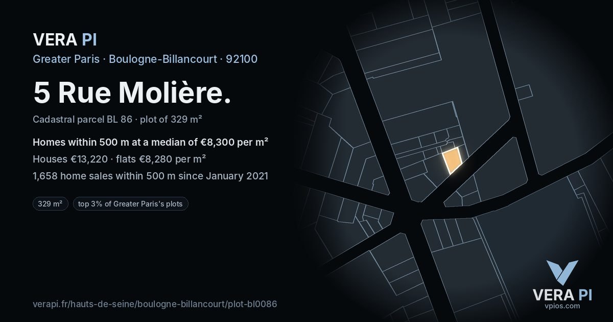 5 Rue Molière, Boulogne-Billancourt at night – the plot lit, the parcels around coloured by the prices near them