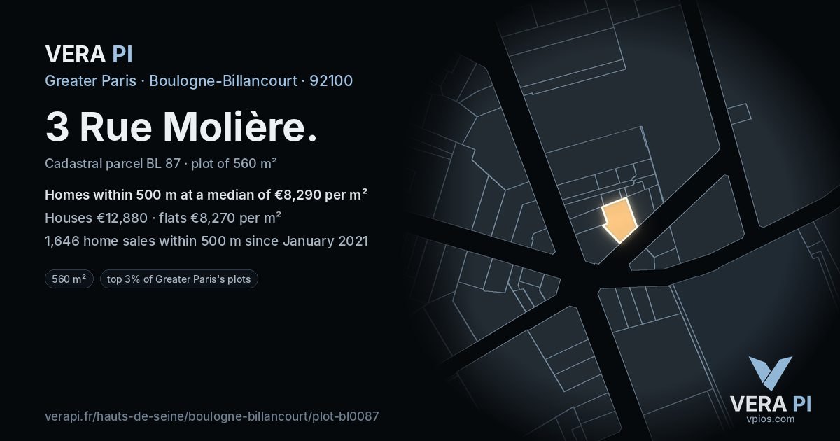 3 Rue Molière, Boulogne-Billancourt at night – the plot lit, the parcels around coloured by the prices near them