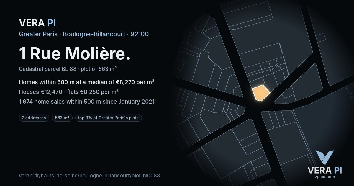 1 Rue Molière, Boulogne-Billancourt at night – the plot lit, the parcels around coloured by the prices near them