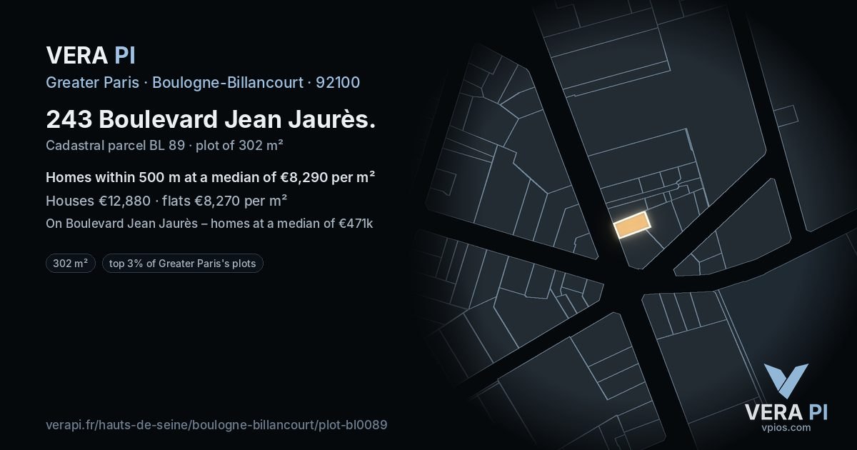 243 Boulevard Jean Jaurès, Boulogne-Billancourt at night – the plot lit, the parcels around coloured by the prices near them