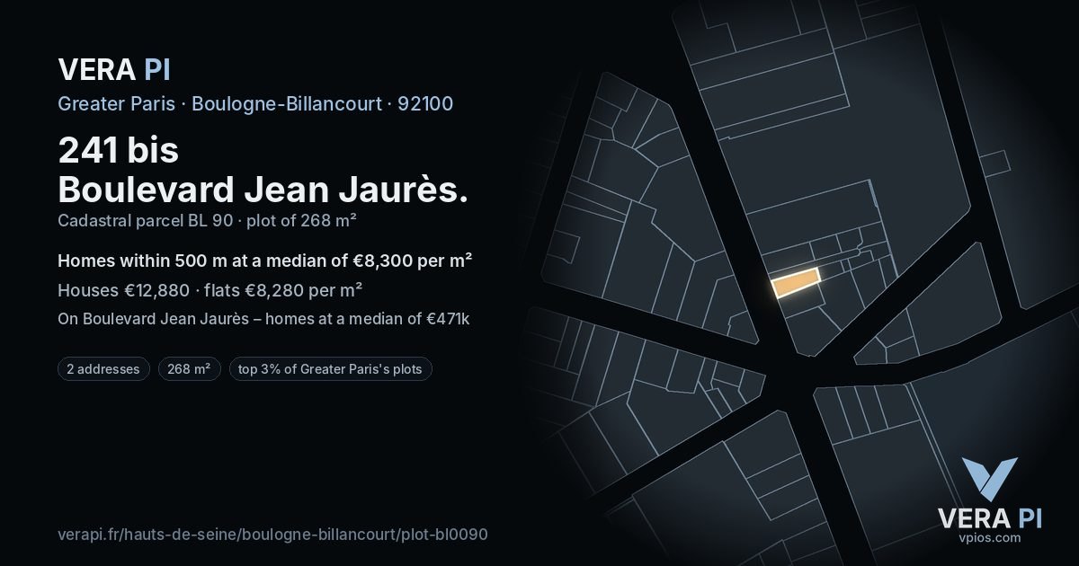 241 bis Boulevard Jean Jaurès, Boulogne-Billancourt at night – the plot lit, the parcels around coloured by the prices near them
