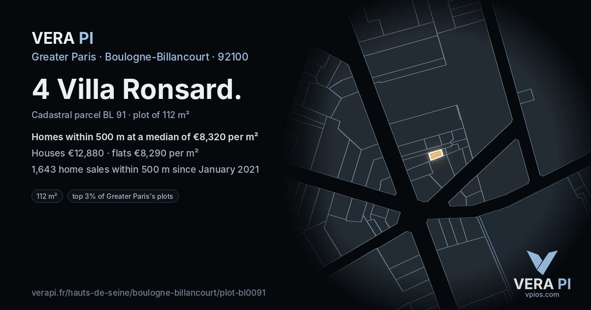 4 Villa Ronsard, Boulogne-Billancourt at night – the plot lit, the parcels around coloured by the prices near them