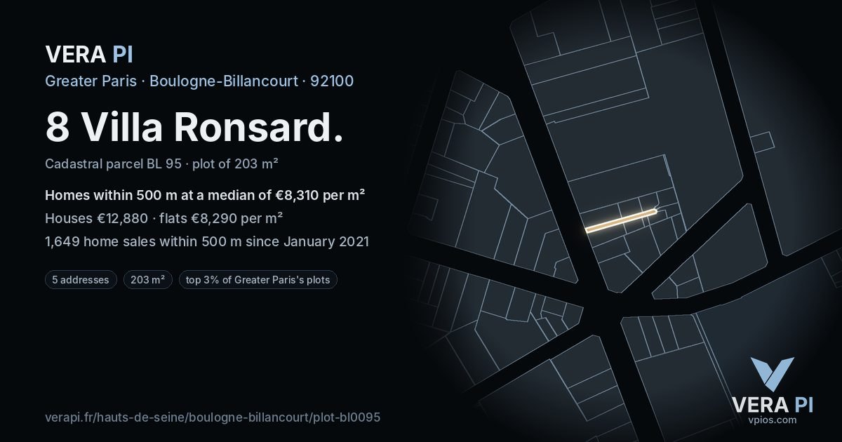 8 Villa Ronsard, Boulogne-Billancourt at night – the plot lit, the parcels around coloured by the prices near them