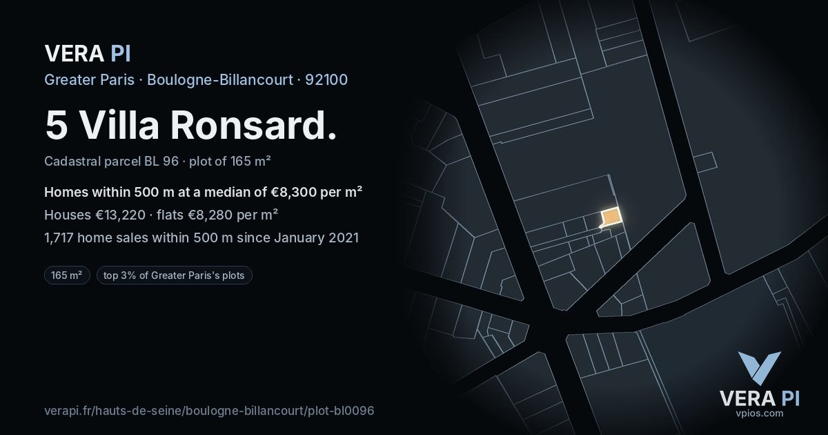 5 Villa Ronsard, Boulogne-Billancourt at night – the plot lit, the parcels around coloured by the prices near them