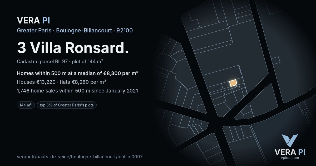 3 Villa Ronsard, Boulogne-Billancourt at night – the plot lit, the parcels around coloured by the prices near them