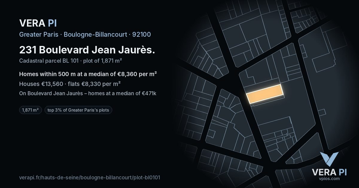 231 Boulevard Jean Jaurès, Boulogne-Billancourt at night – the plot lit, the parcels around coloured by the prices near them