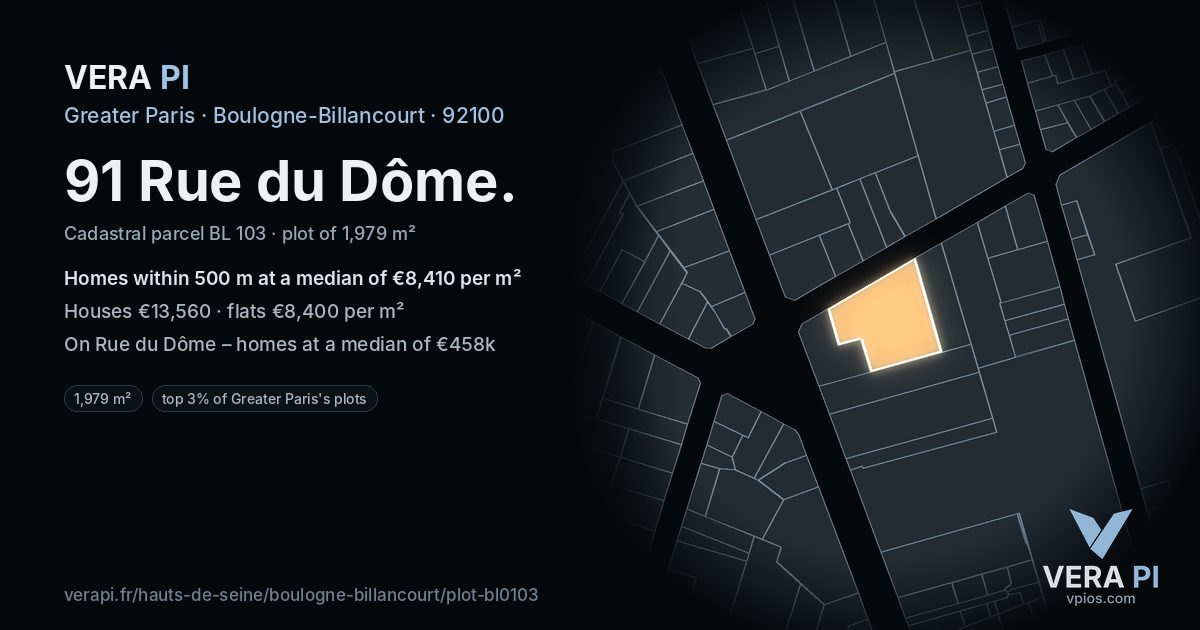 91 Rue du Dôme, Boulogne-Billancourt at night – the plot lit, the parcels around coloured by the prices near them