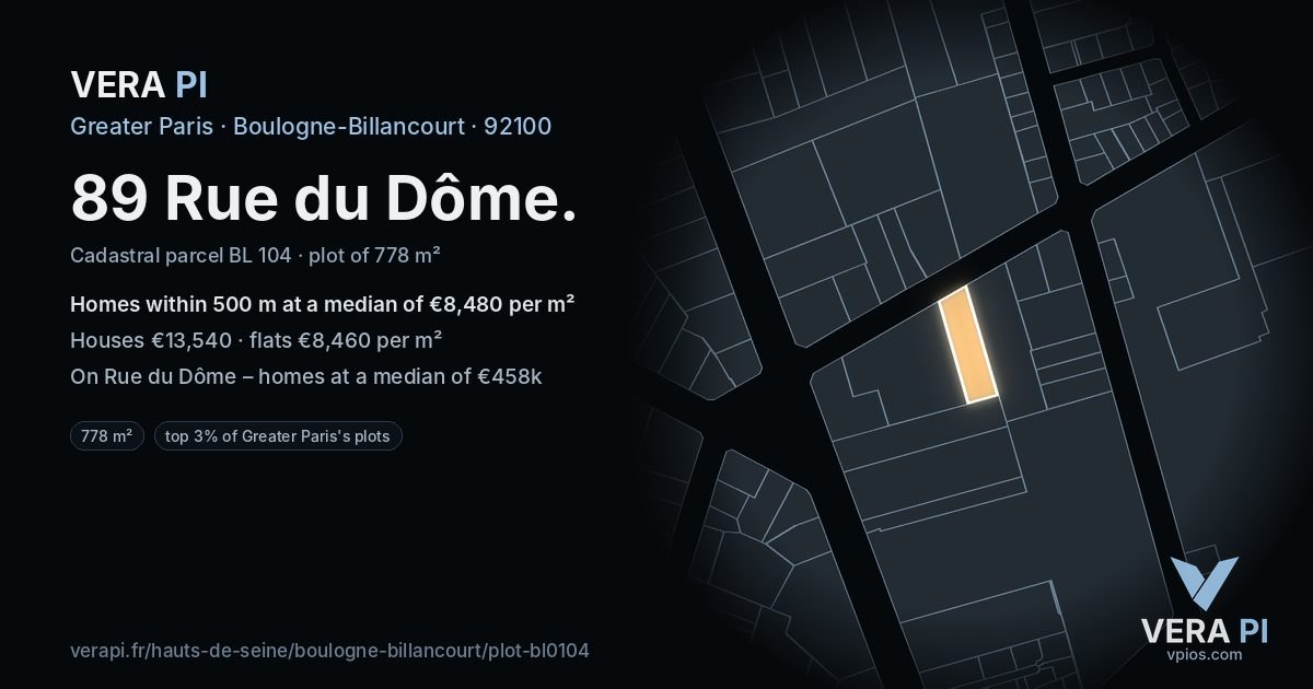 89 Rue du Dôme, Boulogne-Billancourt at night – the plot lit, the parcels around coloured by the prices near them