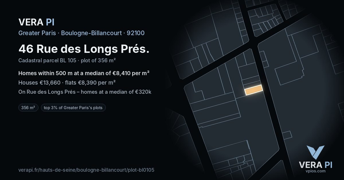 46 Rue des Longs Prés, Boulogne-Billancourt at night – the plot lit, the parcels around coloured by the prices near them