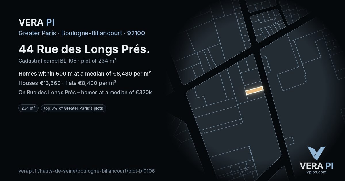 44 Rue des Longs Prés, Boulogne-Billancourt at night – the plot lit, the parcels around coloured by the prices near them