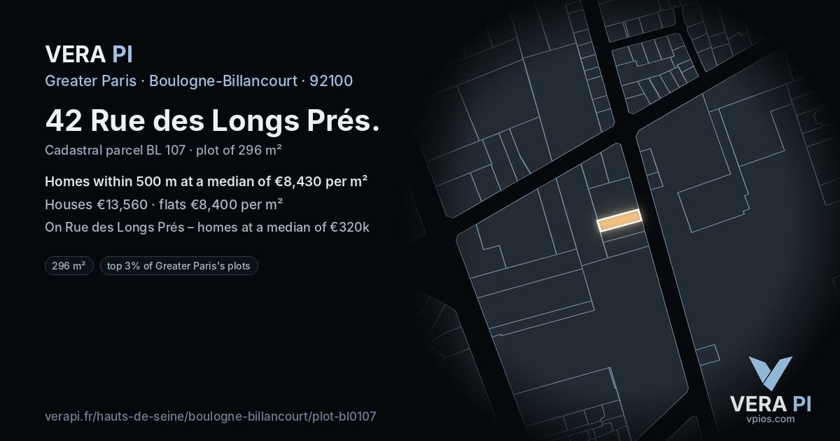 42 Rue des Longs Prés, Boulogne-Billancourt at night – the plot lit, the parcels around coloured by the prices near them